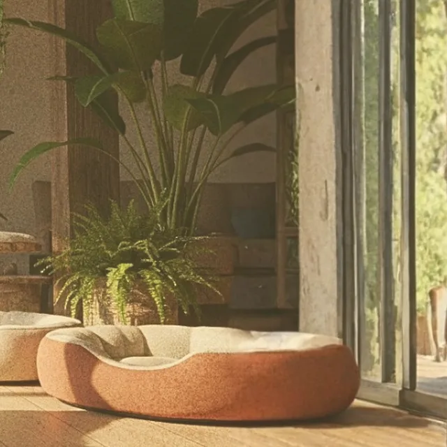 Coussin nid en terre cuite et plantes baignés de lumière